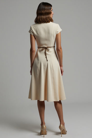 A Line Apricot V-Neck Work Dress with Buttons